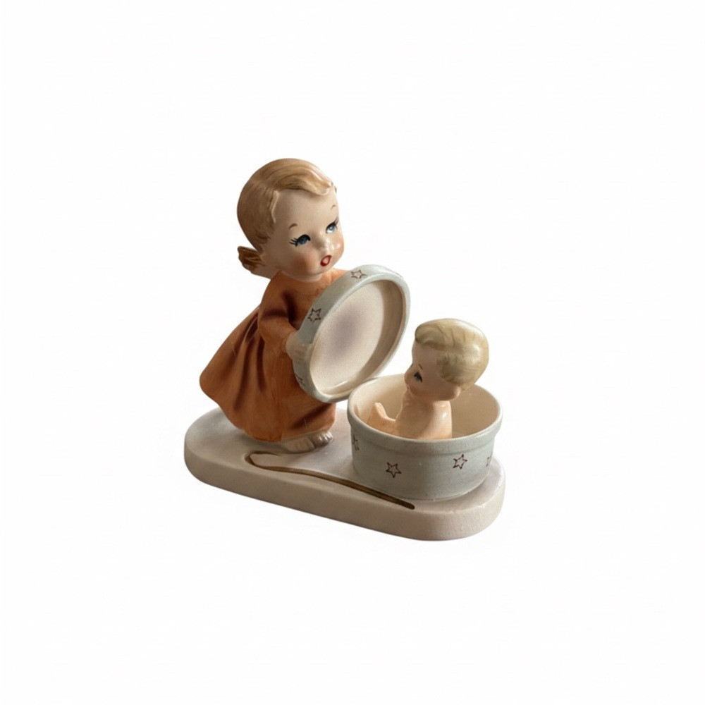 Vintage Guardian Angel Ceramic Figurine - Angel with Baby in hat box